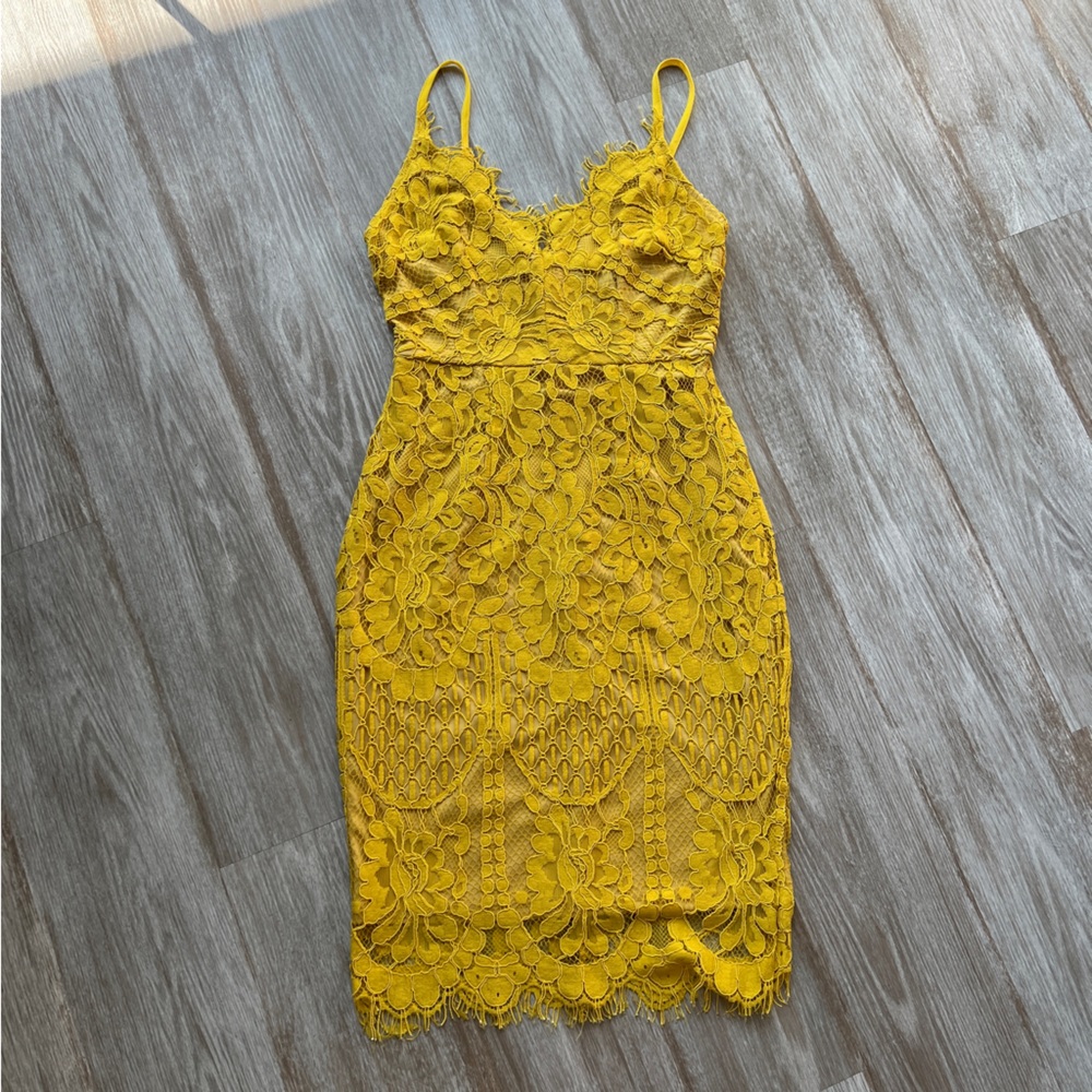 Akira Bright Yellow Lace Flower Midi Slip Dress Size S